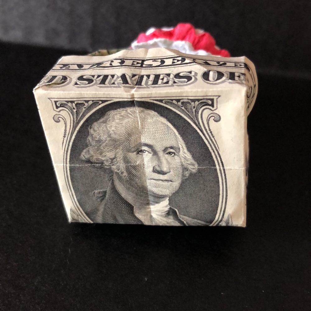 Origami basket handmade from dollar bill, accented with red and white flower - Picture 5 of 5